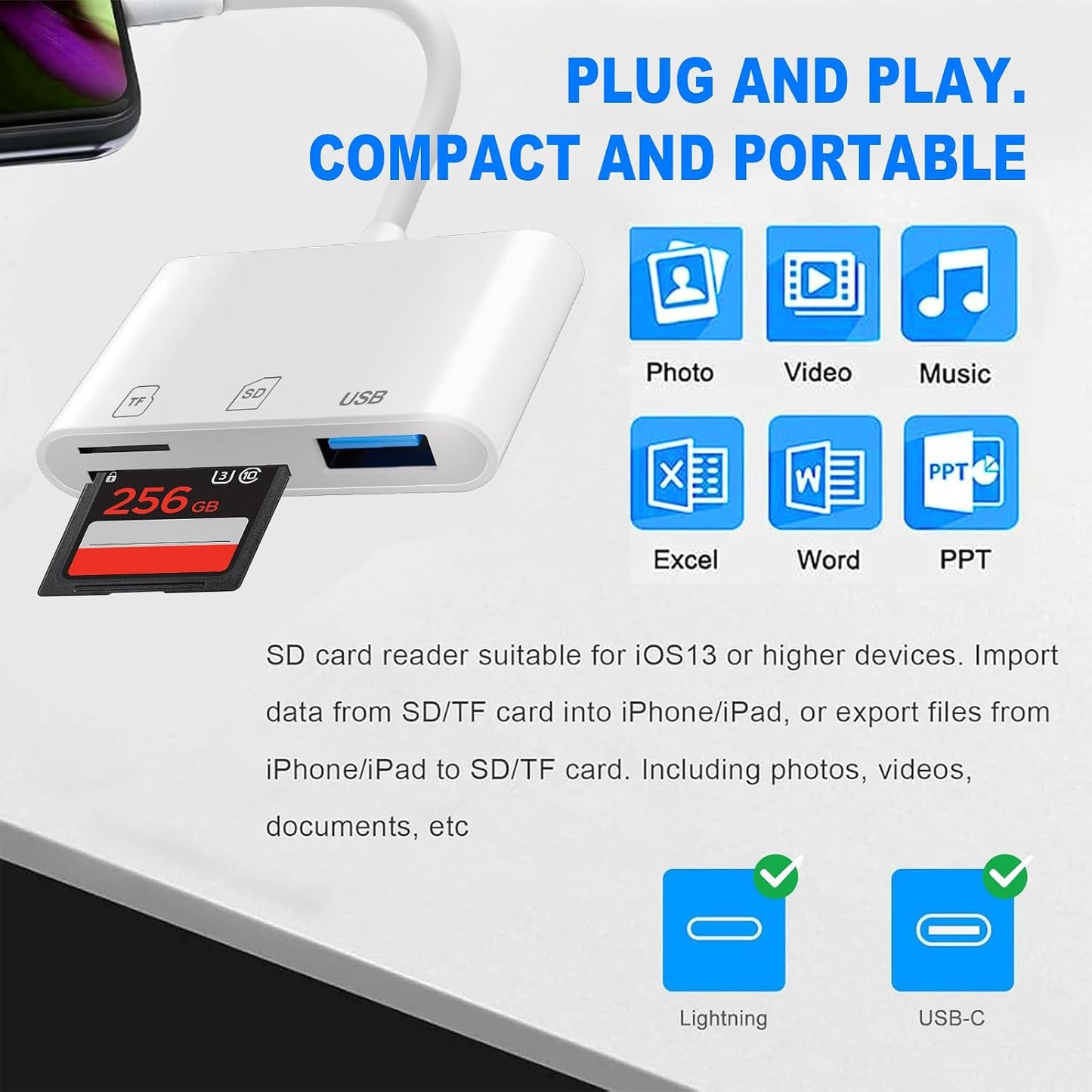 Loydia 3-in-1 SD Card Reader USB-C Lightning Camera Adapter for iPhone 15/13/11/X