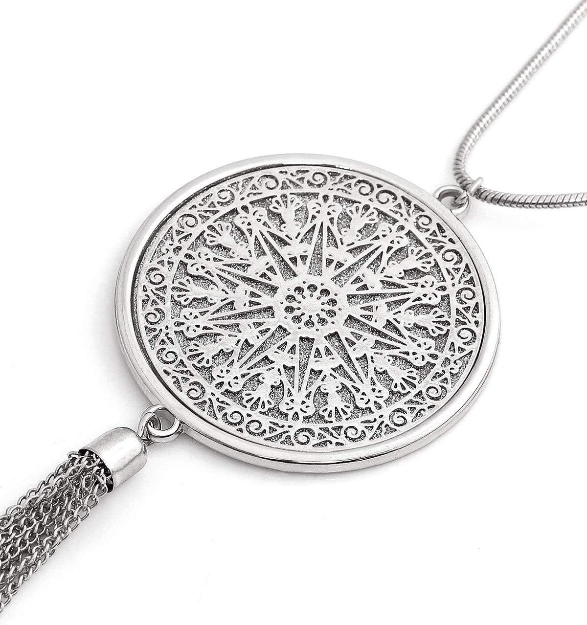 Elegant Long Tassel Necklace Hollow Disc Circle Heart Pendant Sweater Chain for Women