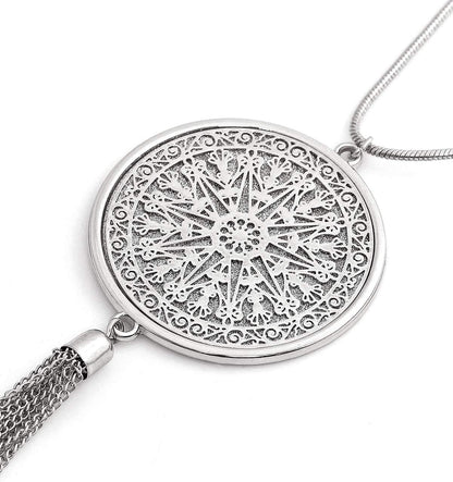 Elegant Long Tassel Necklace Hollow Disc Circle Heart Pendant Sweater Chain for Women