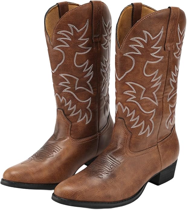 Men's Wide Toe Embroidered Cowboy Boots Slip Resistant Western Footwear