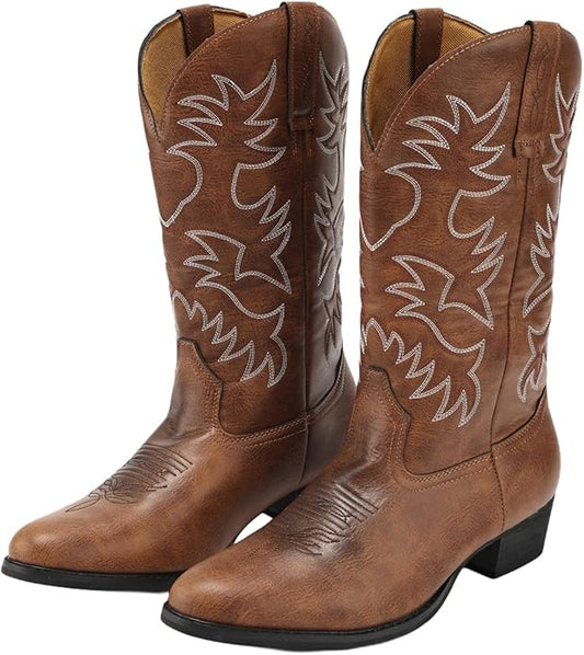 Men's Wide Toe Embroidered Cowboy Boots Slip Resistant Western Footwear
