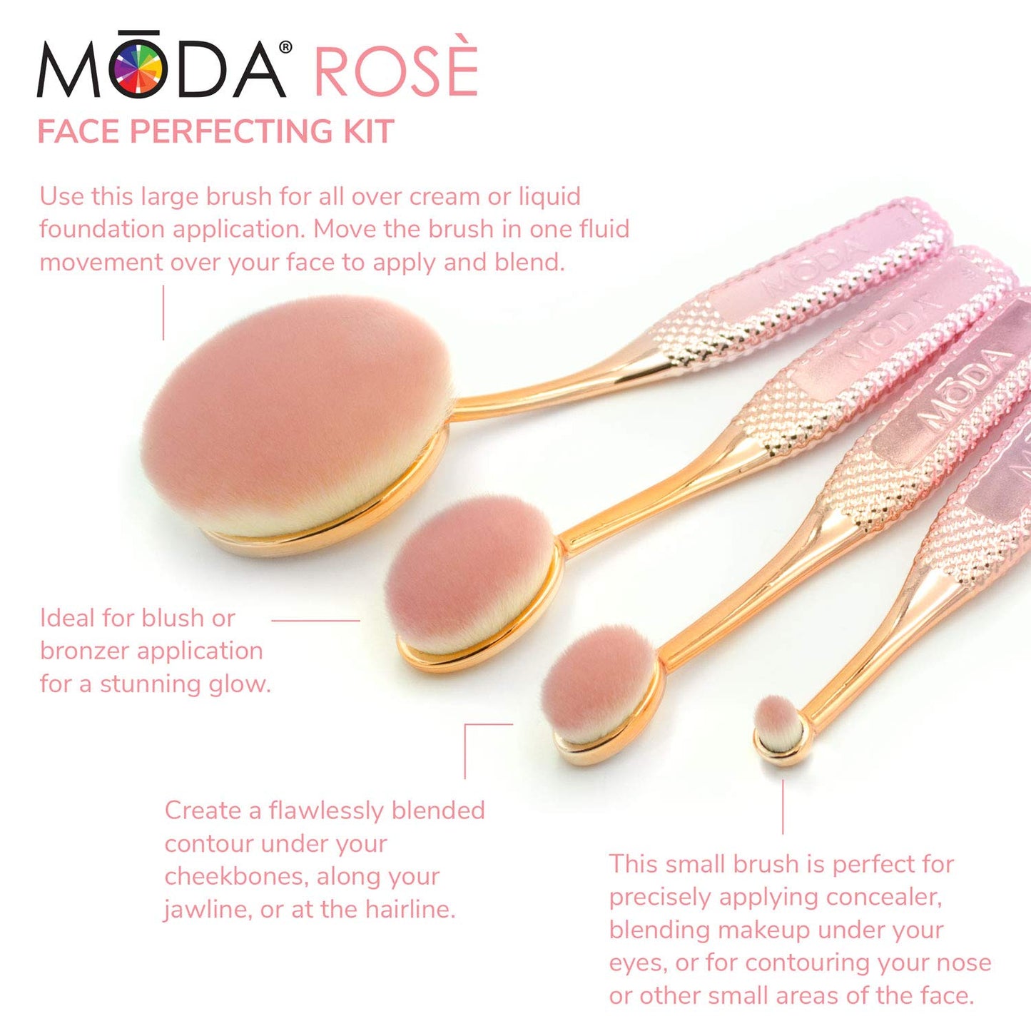MODA Rosé 4-Piece Face Brush Set – Vegan Soft Filament Brushes