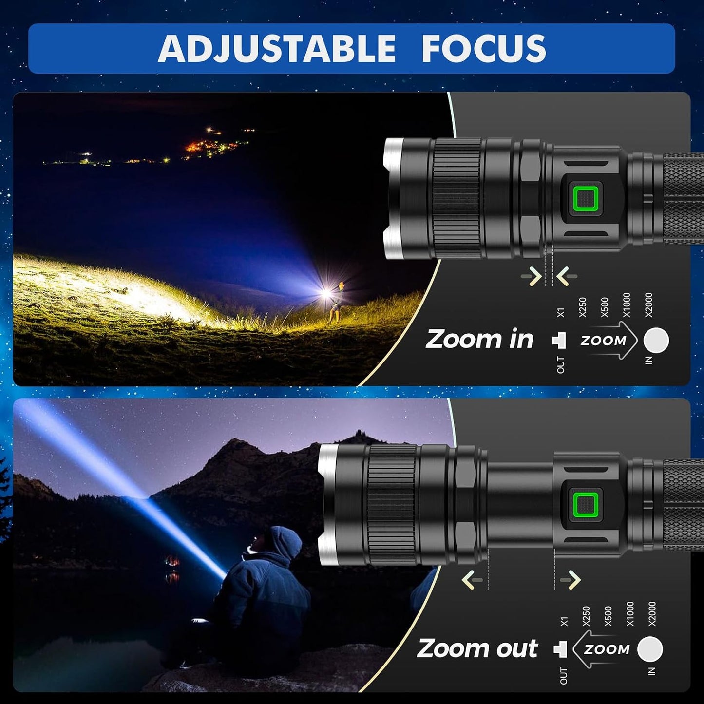 GEARLITE GR2000 Rechargeable LED Flashlight 10000 Lumens 3 Modes IP65 Waterproof Zoomable