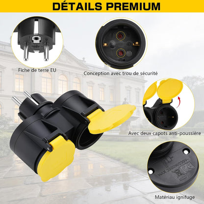 Adamyee Double Socket Adapter IP44 Waterproof 16A 250V 3680W Outdoor Indoor Schuko Plug Compact