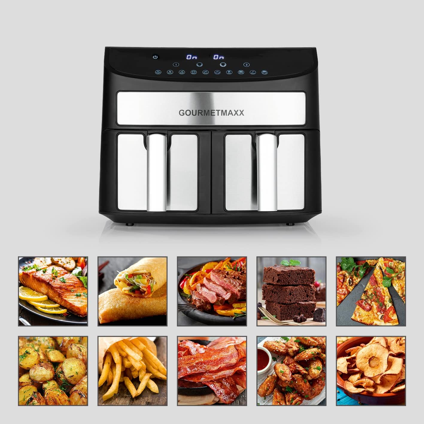 GOURMETmaxx 7L Double Chamber Hot Air Fryer – Low Fat, 10 Programs, Touchscreen