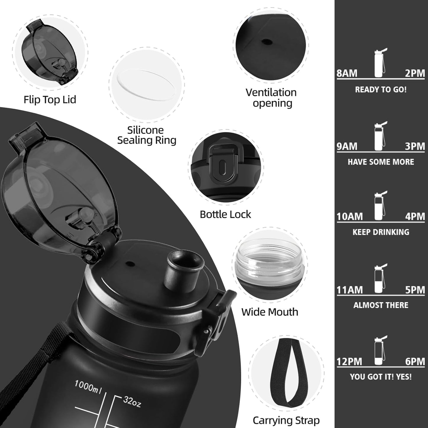 Motswedi 1000ml BPA-Free Leakproof Water Bottle with Time Markings