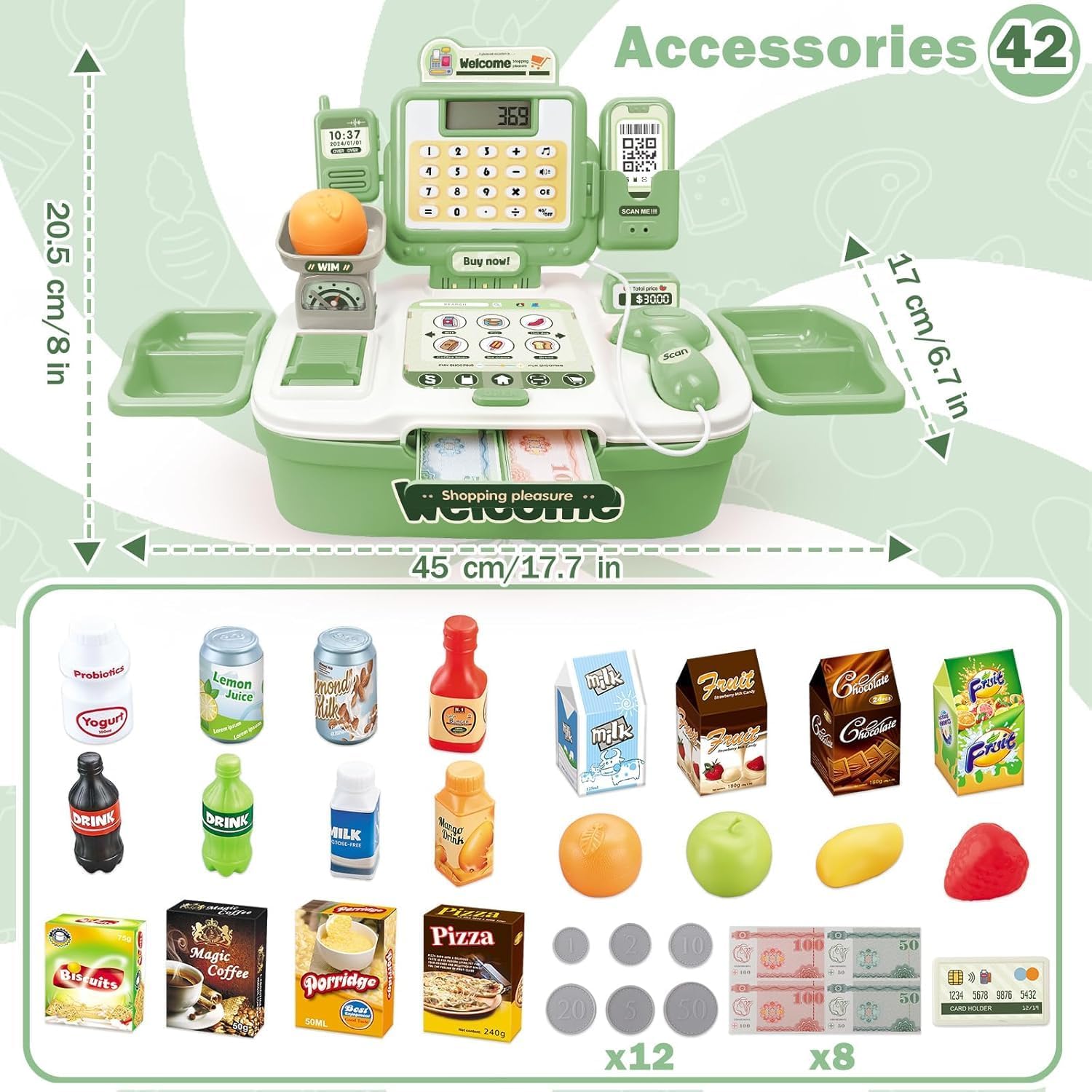 AquaFalcon Kids Pretend Cash Register Playset with Scanner and Money