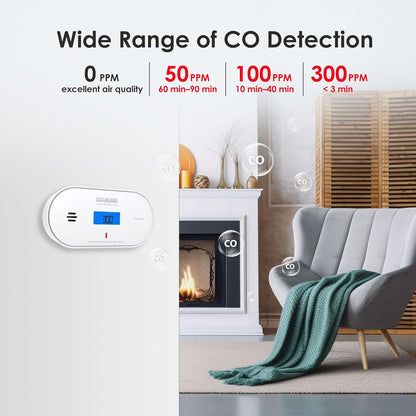 Digital Carbon Monoxide Detector: 10-Year Battery, LCD Display, Temp & Humidity