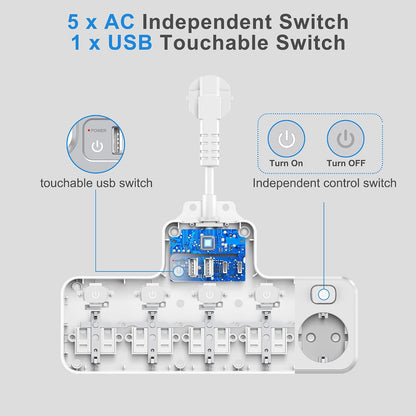 Techuoso wit-5voudige 5-Outlet Power Strip 0.1m White