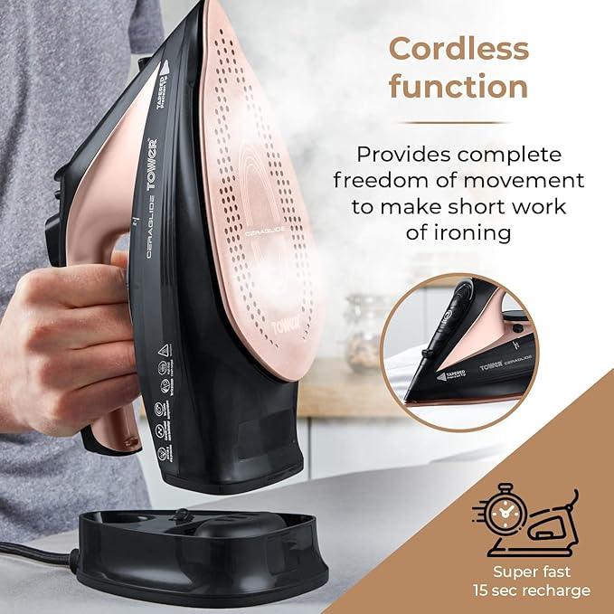 TOWER Cordless CeraGlide Steam Iron Black Rose Gold 2400W - Gomix Brands Outlet