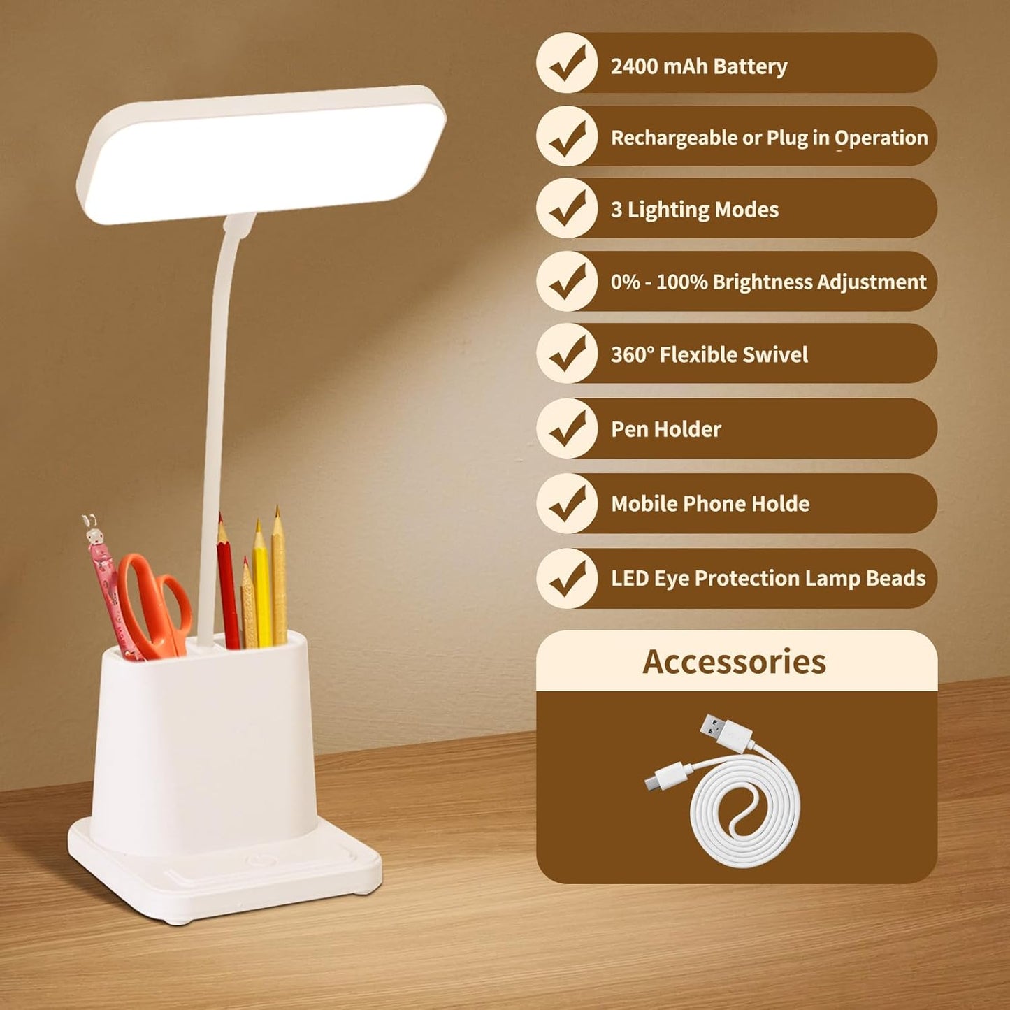 Tihokile LED Dimmable Desk Lamp with Eye Protection and USB
