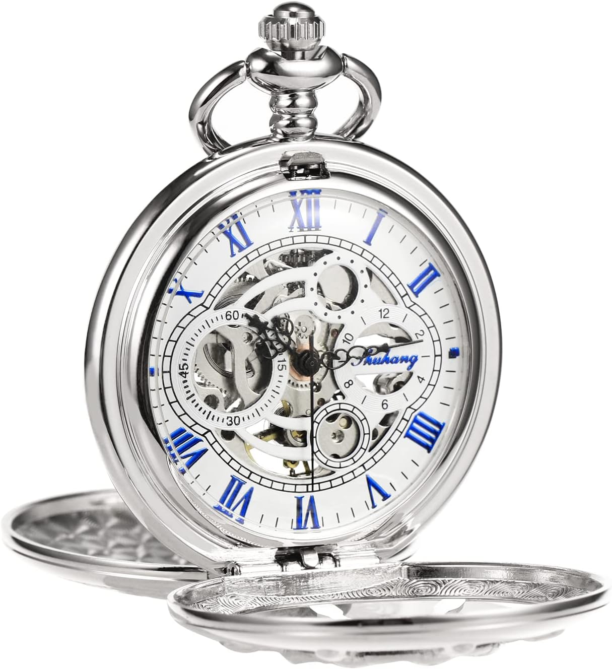 Elegant Silver Skeleton Pocket Watch with Ladder Case – TREEWETO