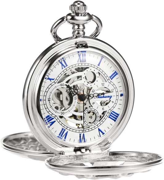 Elegant Silver Skeleton Pocket Watch with Ladder Case – TREEWETO