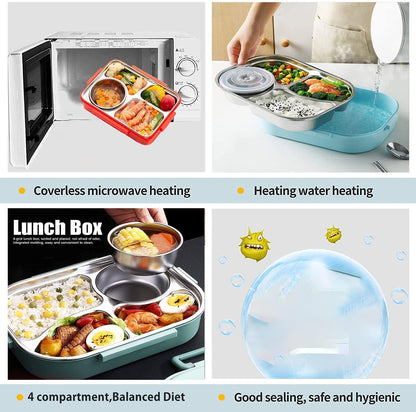 Unicorn Kids Bento Lunch Box with Tableware, 4-Compartment Insulated Stainless Steel