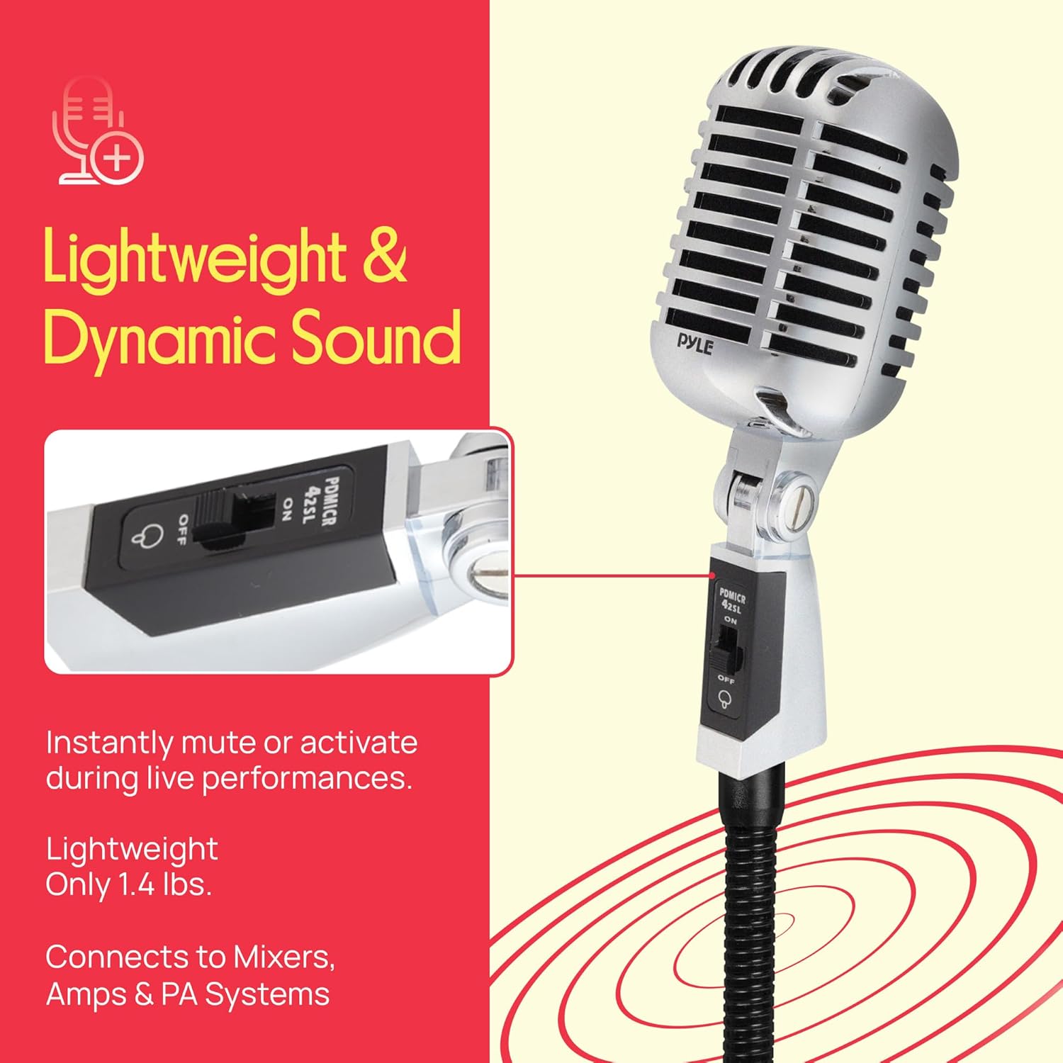 Pyle Classic Retro Dynamic Vocal Microphone - Vintage Silver Cardioid Mic with XLR Cable