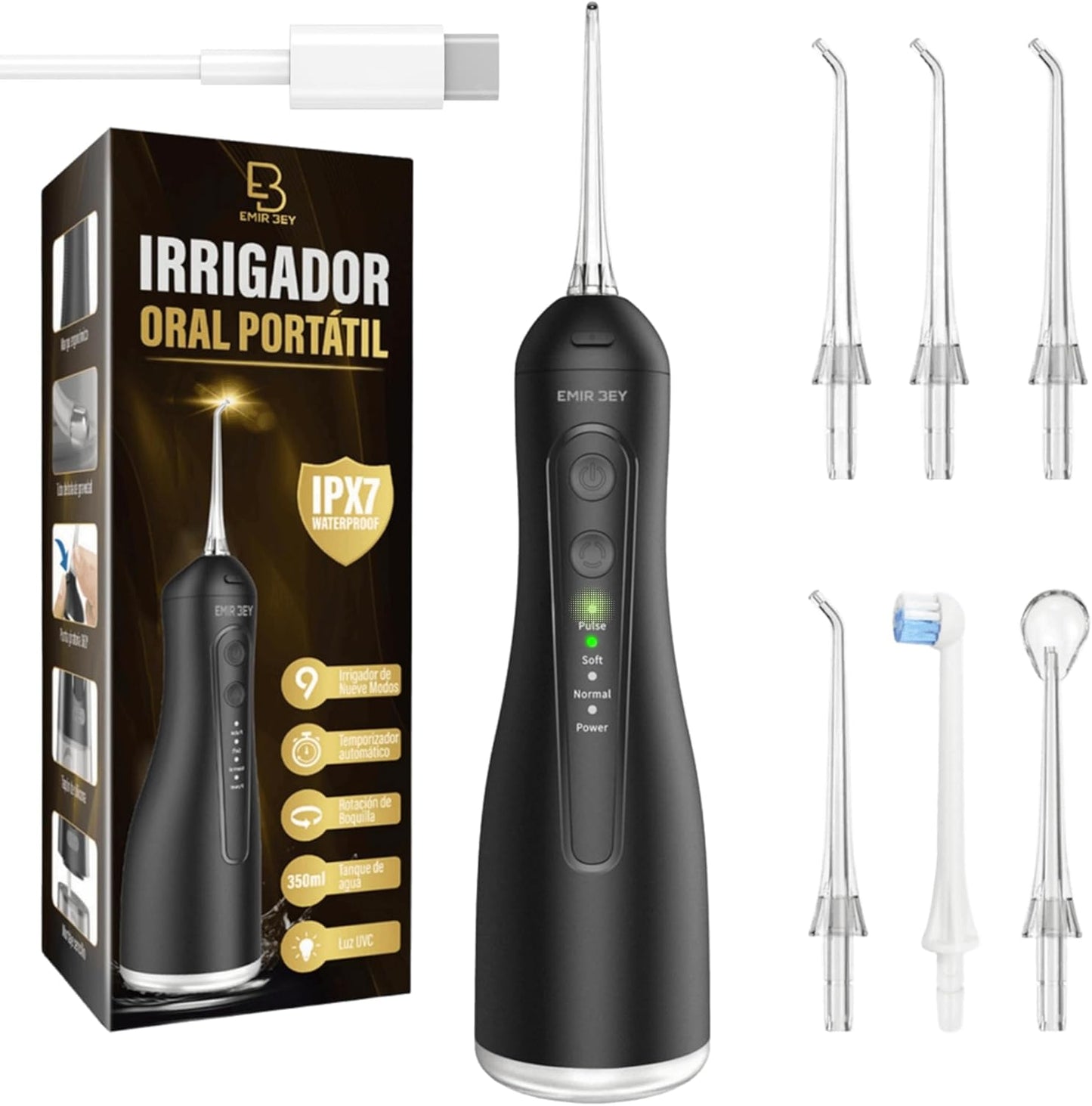 EMIR BEY Portable Oral Irrigator 6 Nozzles 350ml 4 Modes