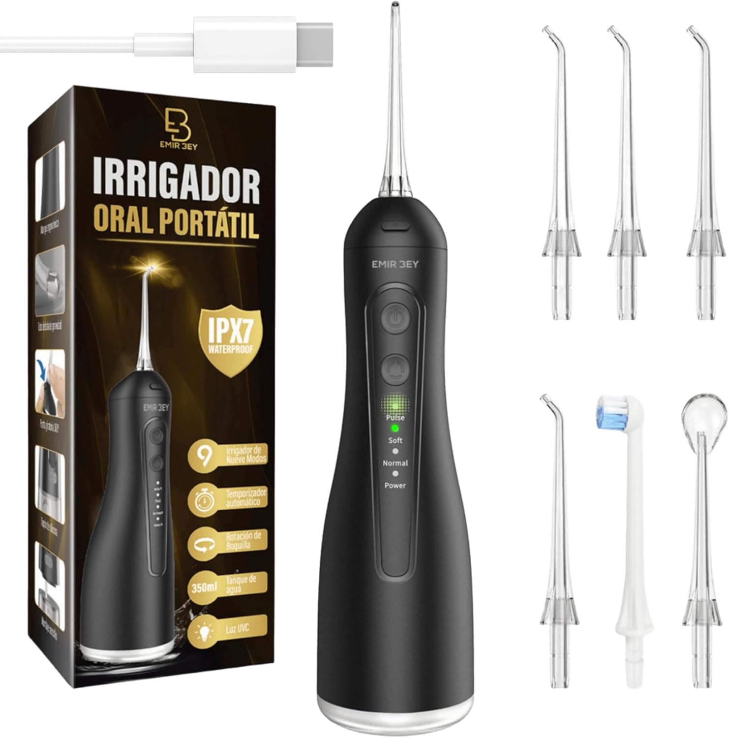 EMIR BEY Portable Oral Irrigator 6 Nozzles 350ml 4 Modes