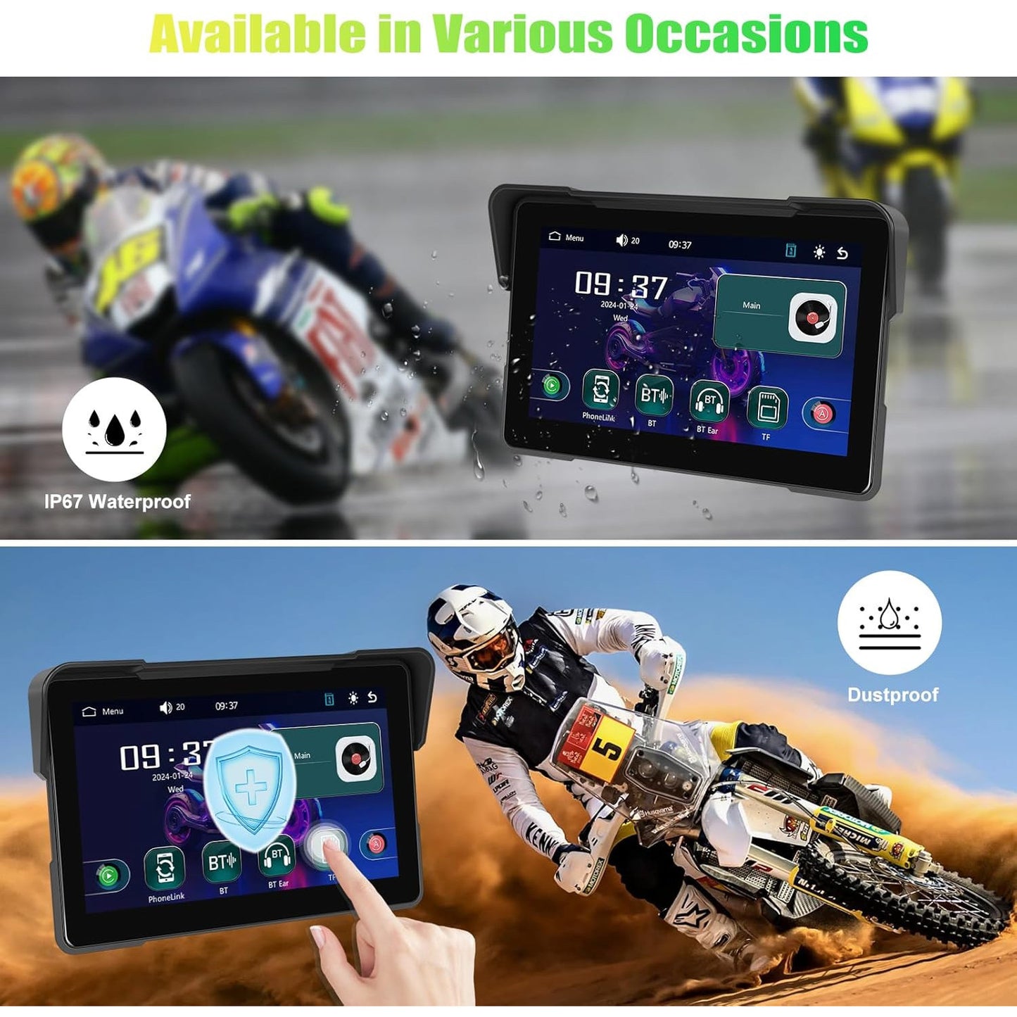 CAMECHO 5-inch Waterproof Wireless Motorcycle CarPlay Android Auto Touchscreen