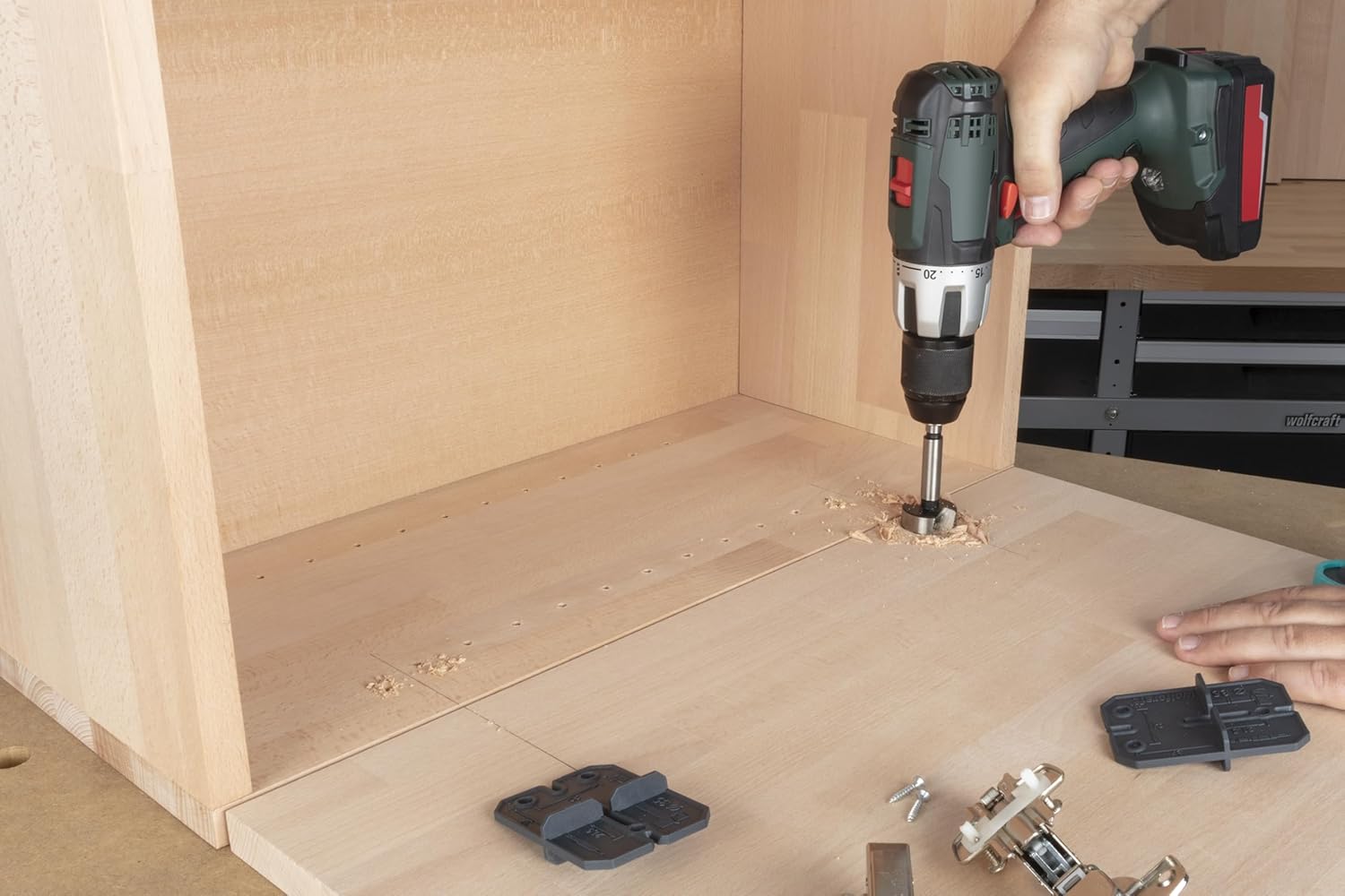 Wolfcraft Hinge Hole Set: Precise 35mm Drilling for Easy Pot Hinge Installation