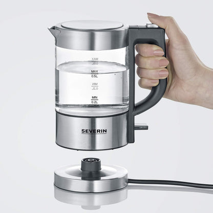 SEVERIN Mini Glass Kettle 0.5L Stainless Steel Black Compact