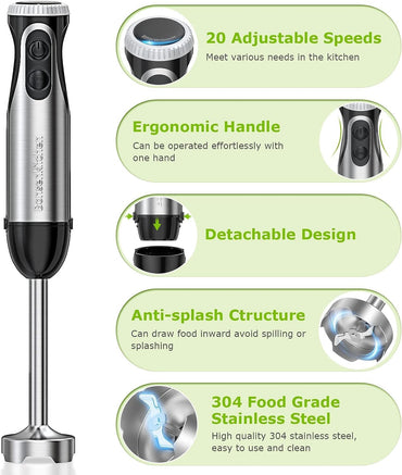 Bonsenkitchen 1000W 2-in-1 Hand Blender with Whisk Stainless Steel