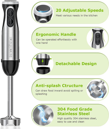Bonsenkitchen 1000W 2-in-1 Hand Blender with Whisk Stainless Steel