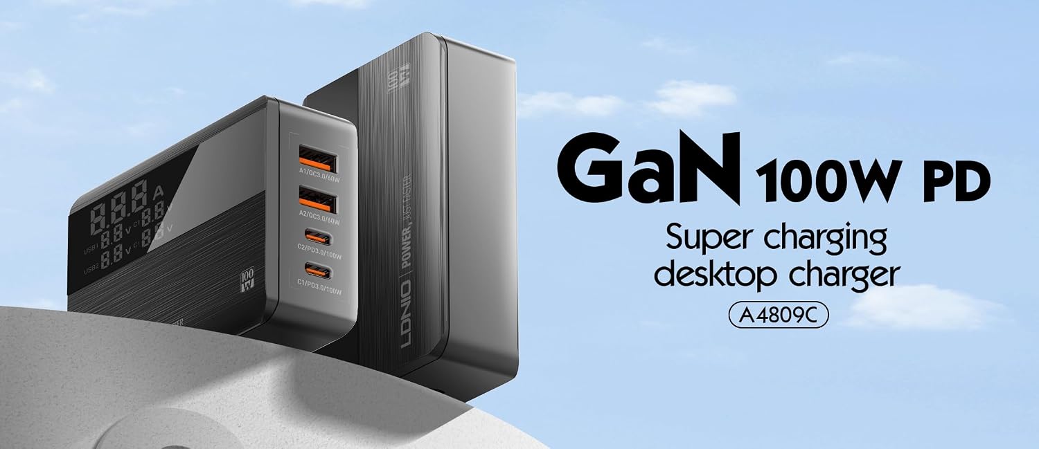 LDNIO A4809C 100W GaN 4-Port USB C Wall Charger with PD3.0 QC4.0 Multiport PPS Fast Charging Station Black