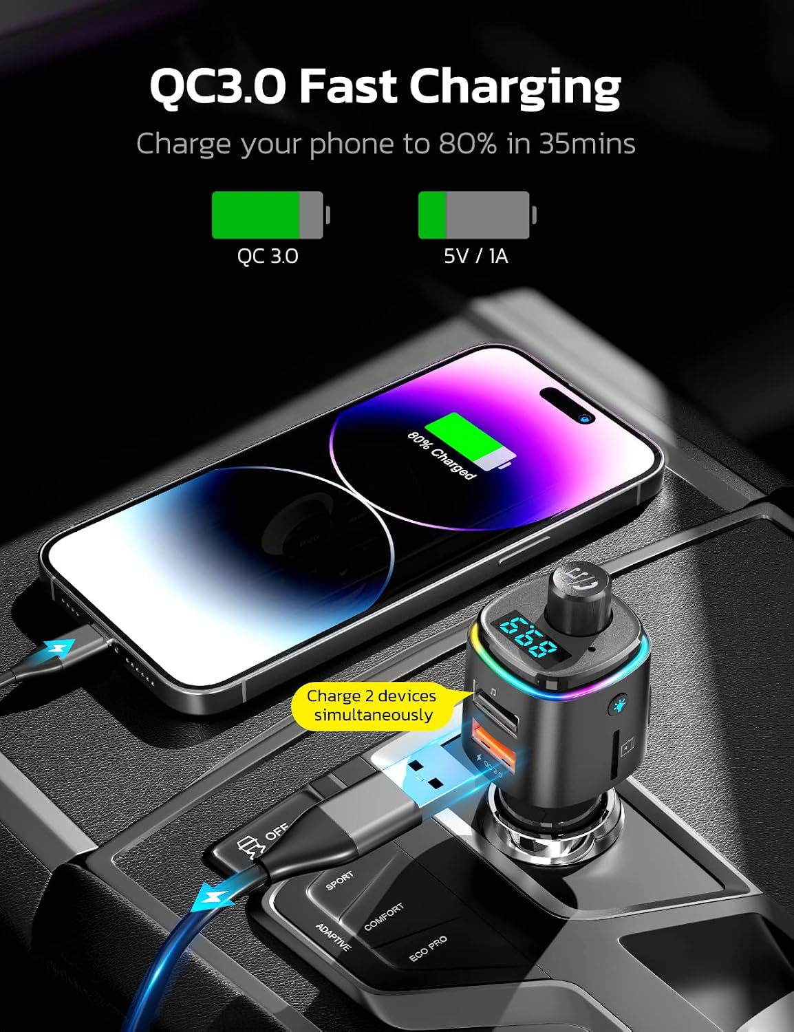 Nulaxy Bluetooth 5.0 FM Transmitter QC3.0 Car Charger Hands-Free Kit 7-Color LED Black