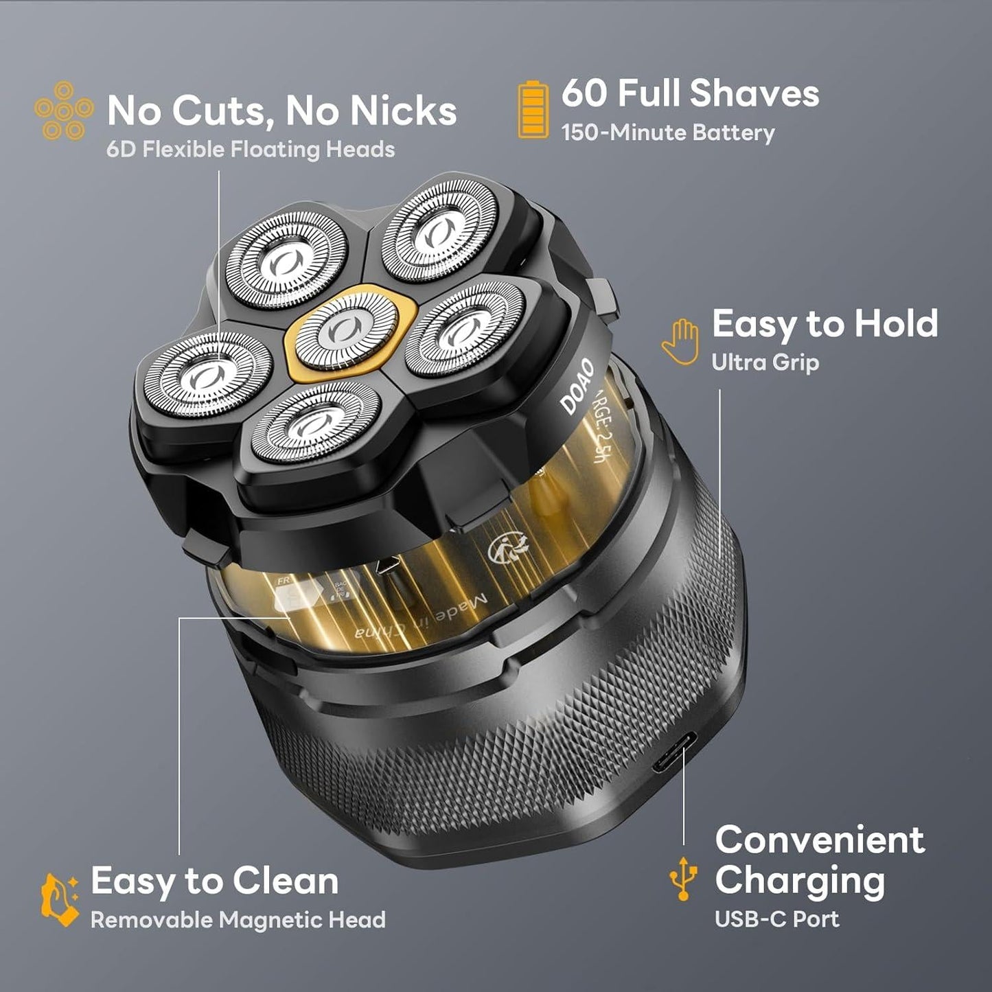 DOAO A6 Head Shaver for Men 6D Flexible Floating Heads Waterproof Cordless USB-C
