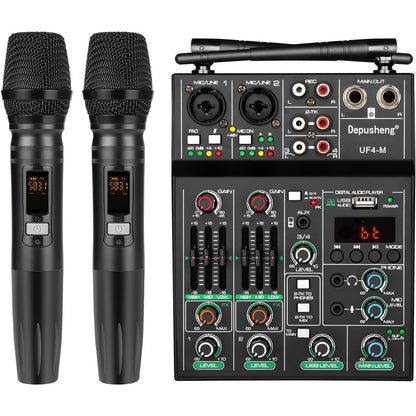 Depusheng 4‑Channel Audio Mixer with Dual Wireless Mic