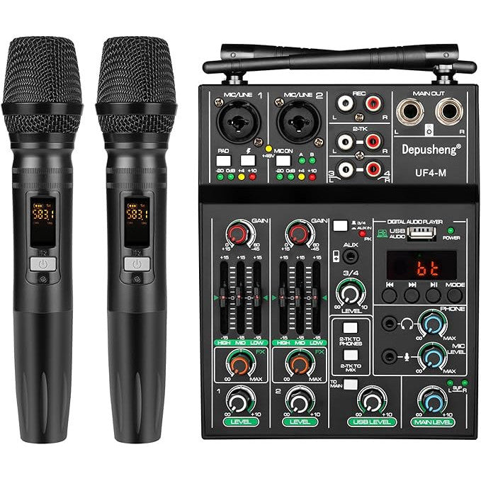 Depusheng 4‑Channel Audio Mixer with Dual Wireless Mic