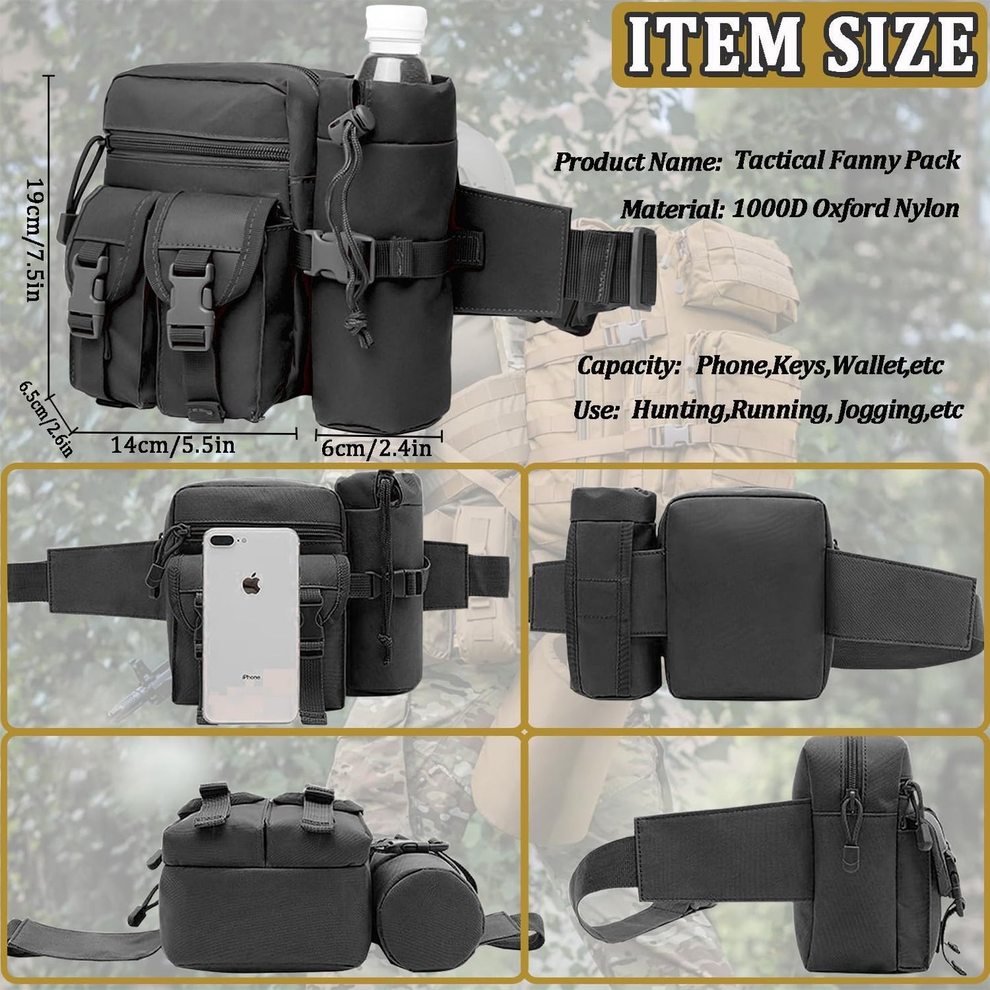 Taeku Tactical Waterproof Fanny Pack with Detachable Water Bottle Holder