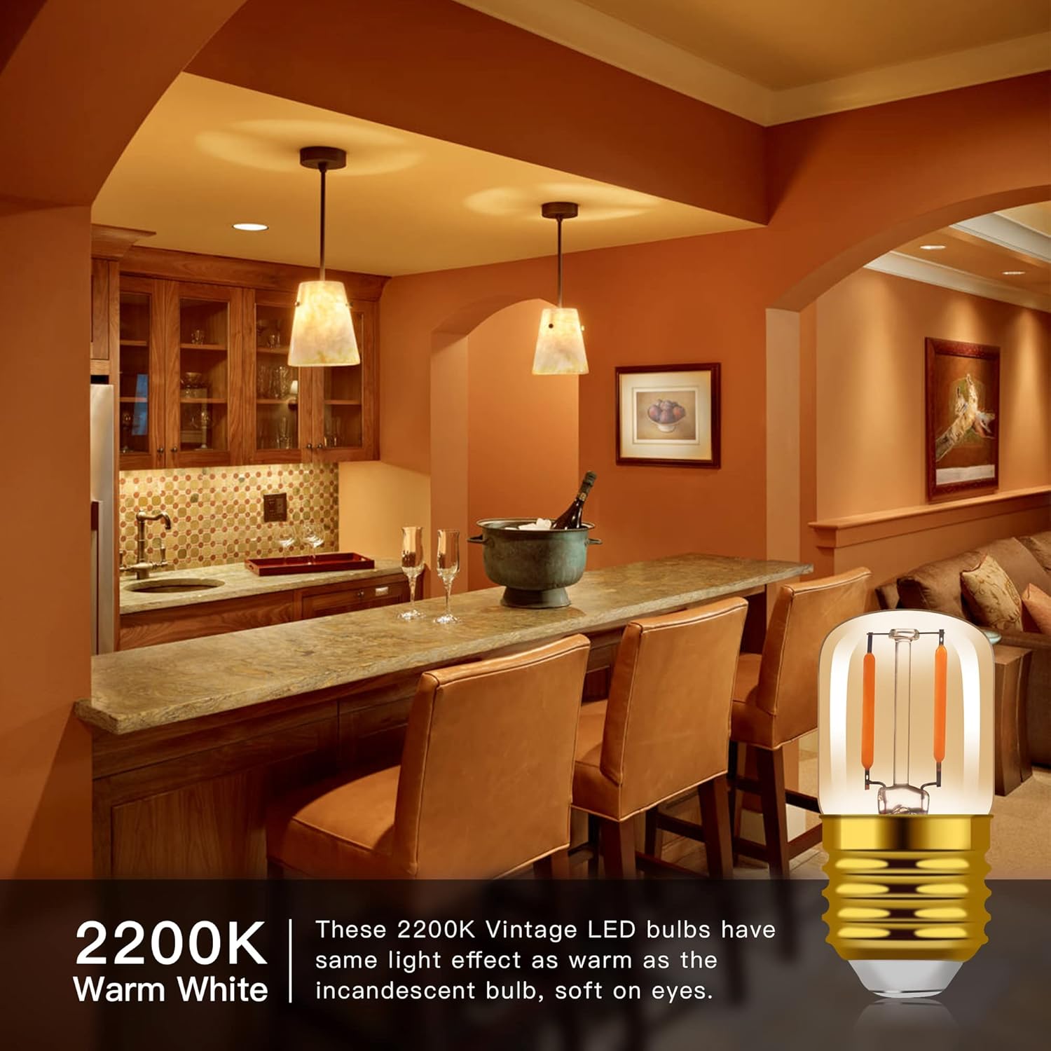 Hcnew E27 1W Retro LED Filament Light Bulbs, Warm White 2200K, 6-Pack