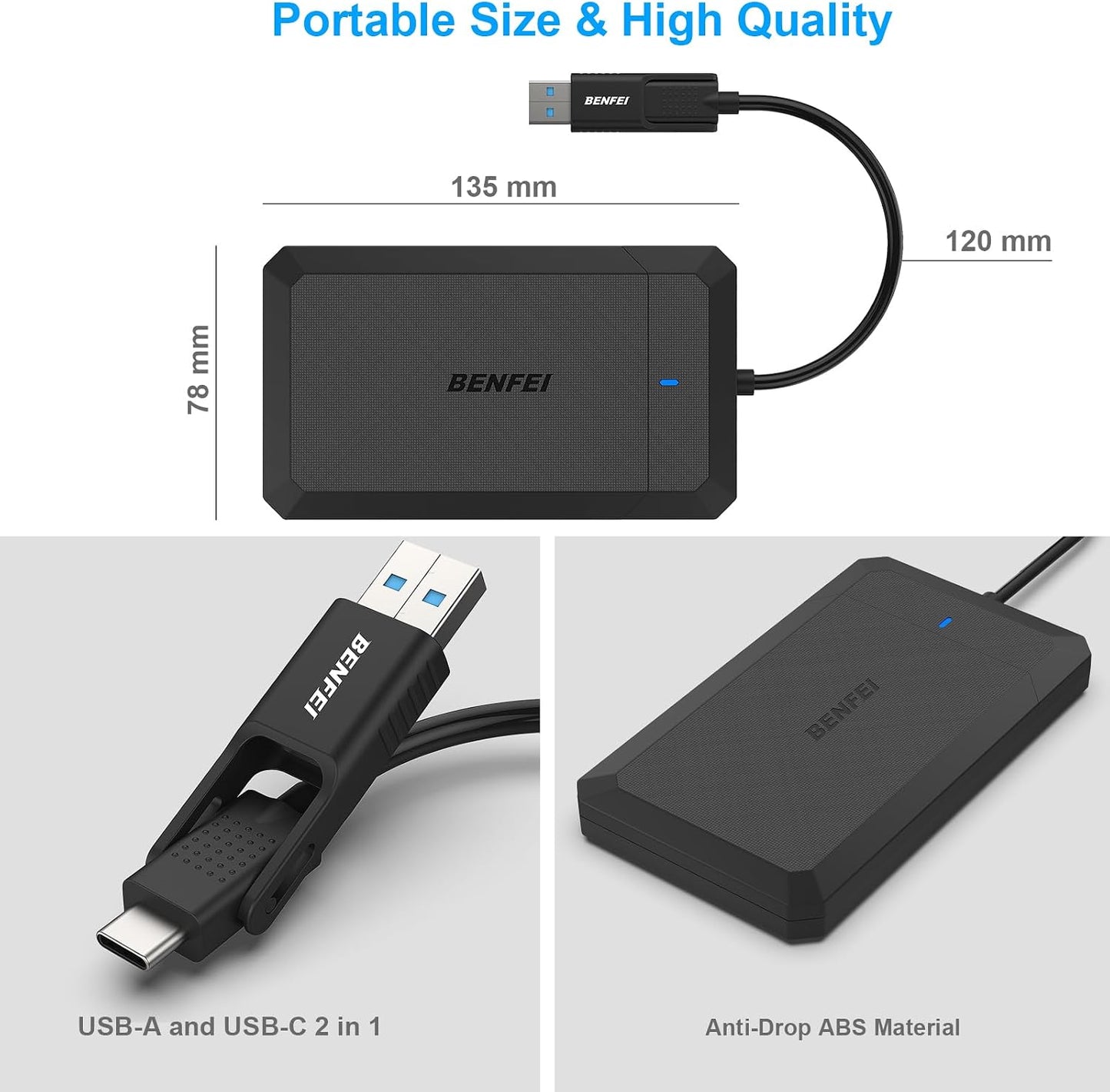 BENFEI 2.5 Inch SATA to USB Tool-Free External Hard Drive Enclosure USB-C USB-A Compatible with 2.5 Inch SSD UASP SATA III Black