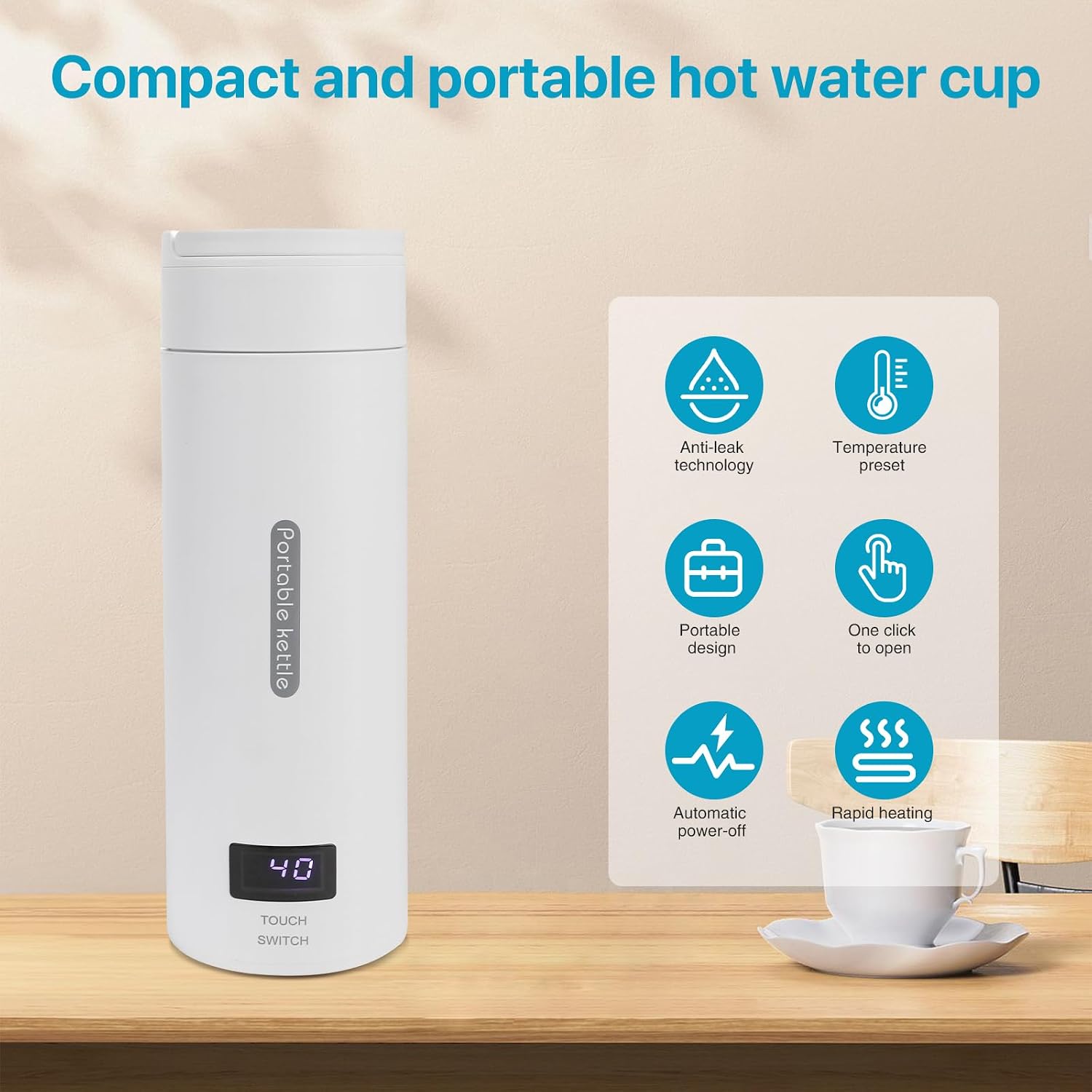 FUOBECIE Travel Electric Kettle 380ML 4-Temperature Adjustable Auto Shut-Off
