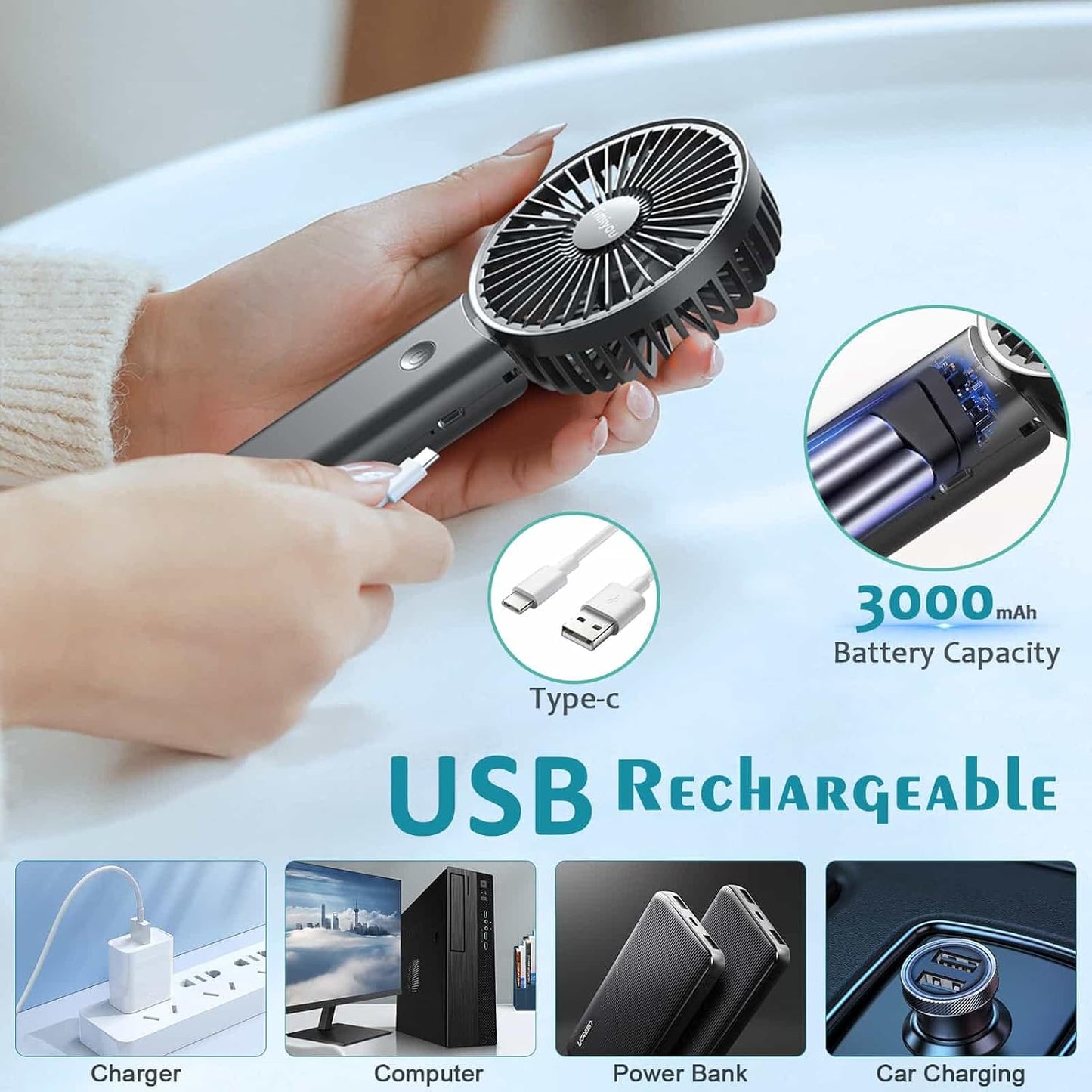 Timiyou TI-8545 Portable Handheld Fan 5-in-1 Rechargeable USB 3 Speeds Black