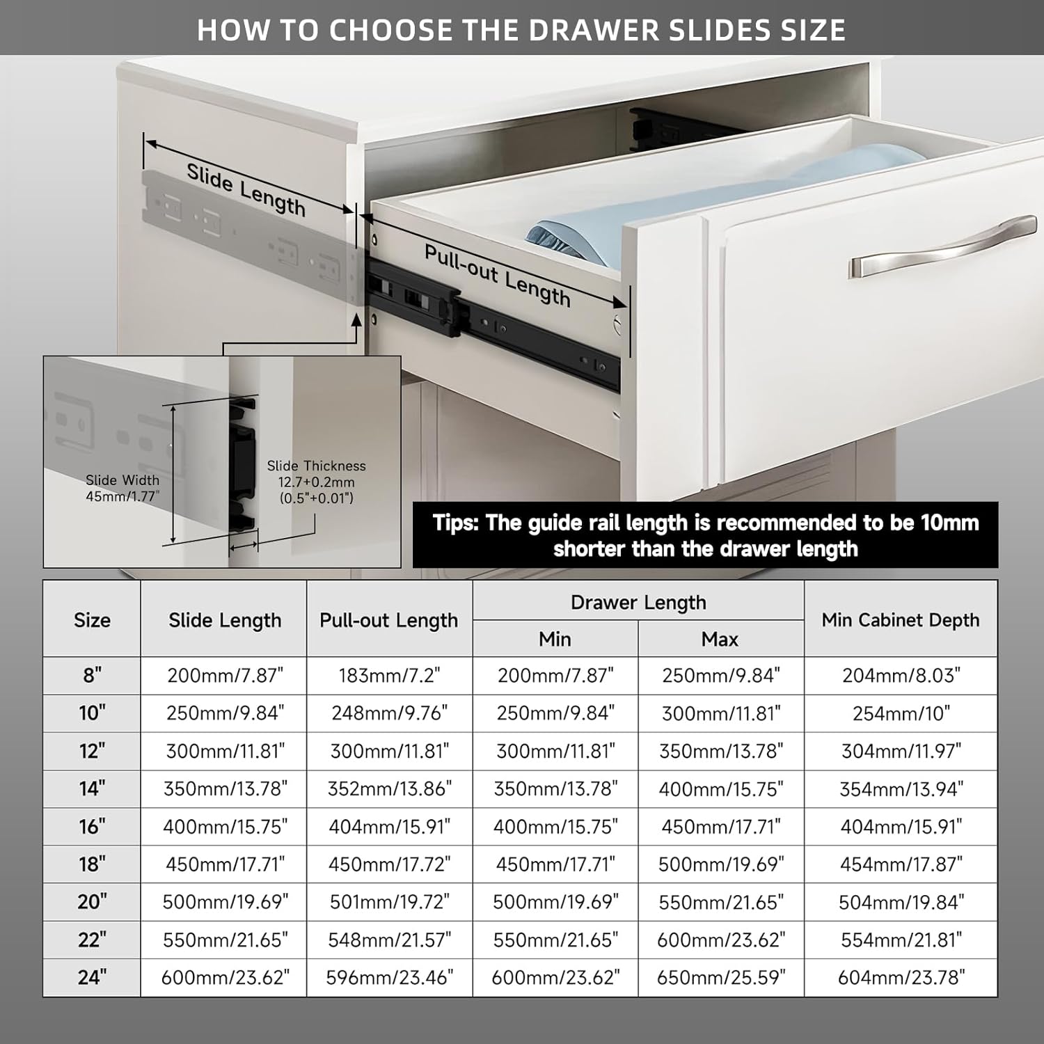 AOLISHENG 200mm Heavy-Duty Ball Bearing Drawer Slides, Black, 45kg
