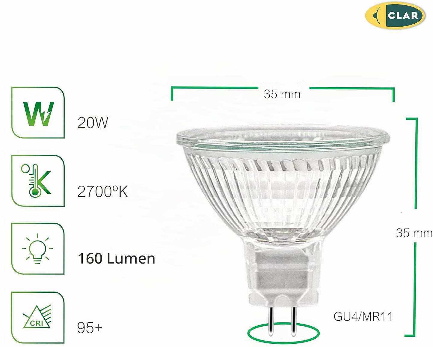CLAR Halogen Bulb MR11 GU4 20 W 12 V Warm White 2700K Dimmable CRI 95 10-Pack