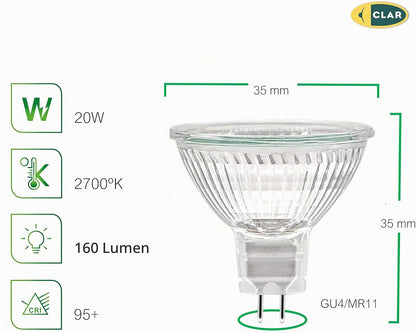 CLAR Halogen Bulb MR11 GU4 20 W 12 V Warm White 2700K Dimmable CRI 95 10-Pack