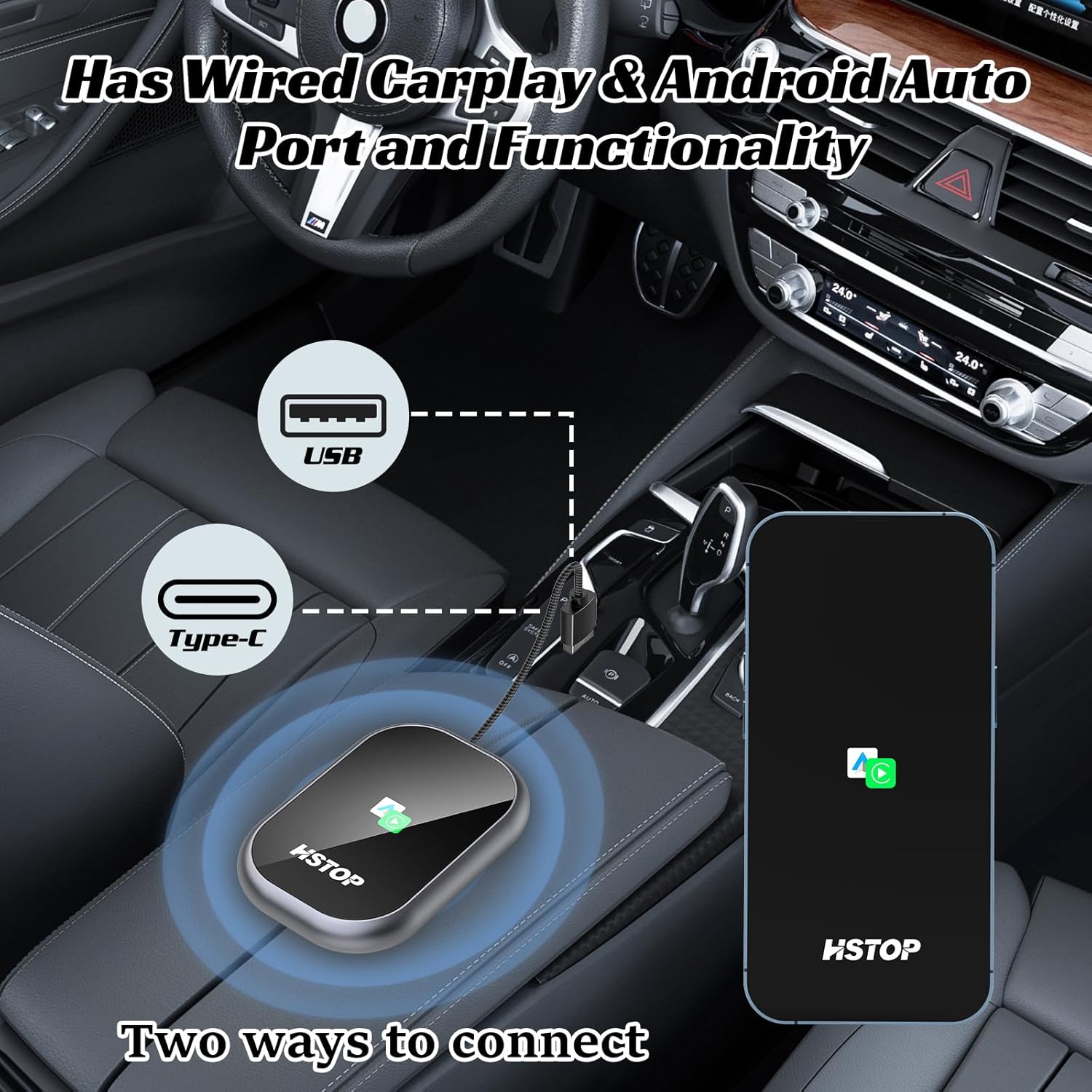 HSTOP 2-in-1 Android Auto & Apple CarPlay Wireless Adapter, USB‑A to USB‑C Converter