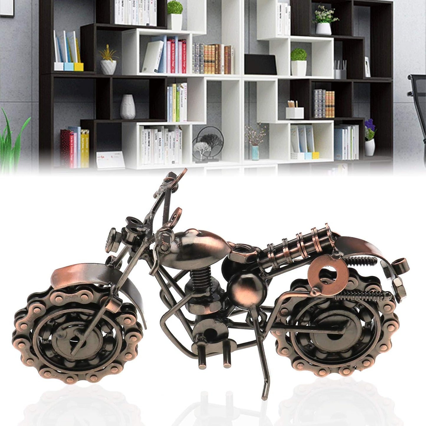 Retro Vintage Bronze Metal Motorcycle Sculpture with Rolling Wheels