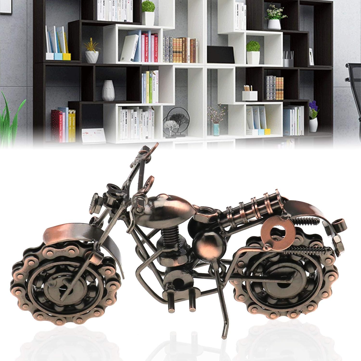 Retro Vintage Bronze Metal Motorcycle Sculpture with Rolling Wheels