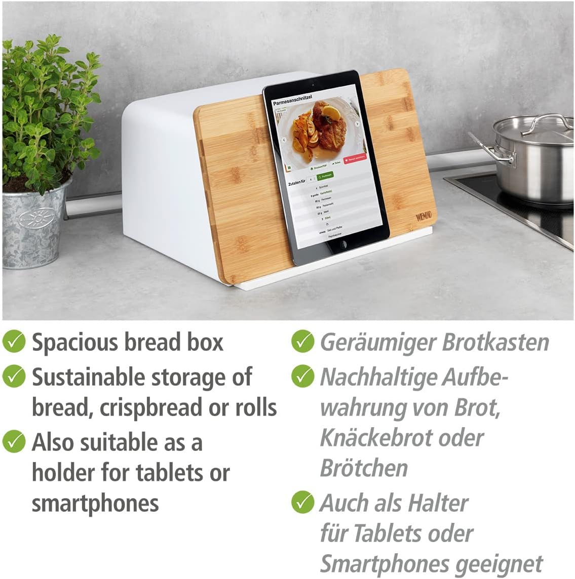 Wenko Bamboo Bread Bin with Lid, White 35x26x20.5 cm