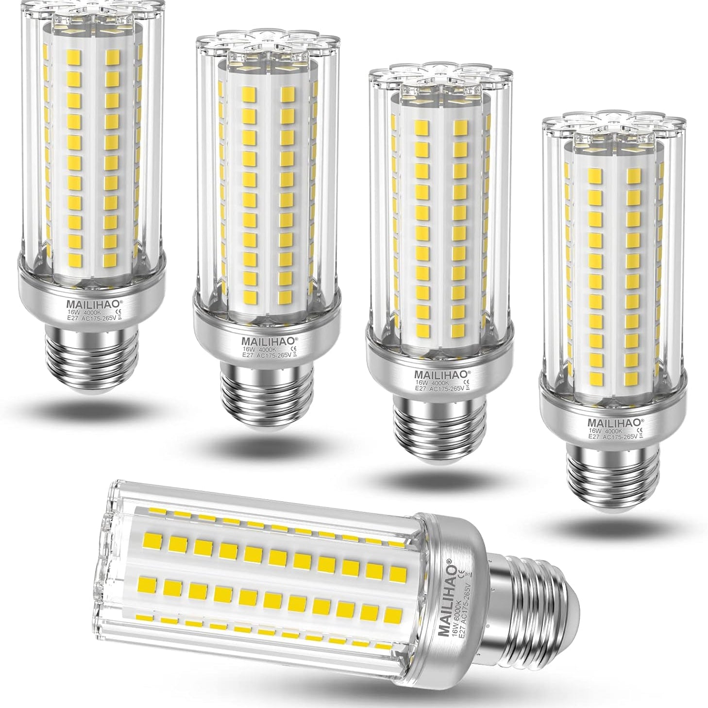 MAILIHAO 5-Pack E27 LED Corn Bulbs, 16W Bright 4000K Natural White Light