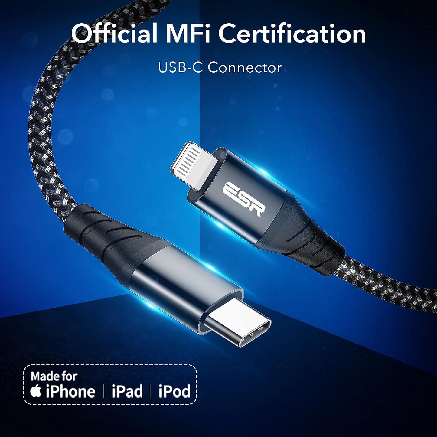 ESR USB-C to Lightning Cable 0.2 m MFi Certified Nylon PD Fast Charging for iPhone 14/13/12/11/SE/XR/XS/X/8 iPad 9/8 Black