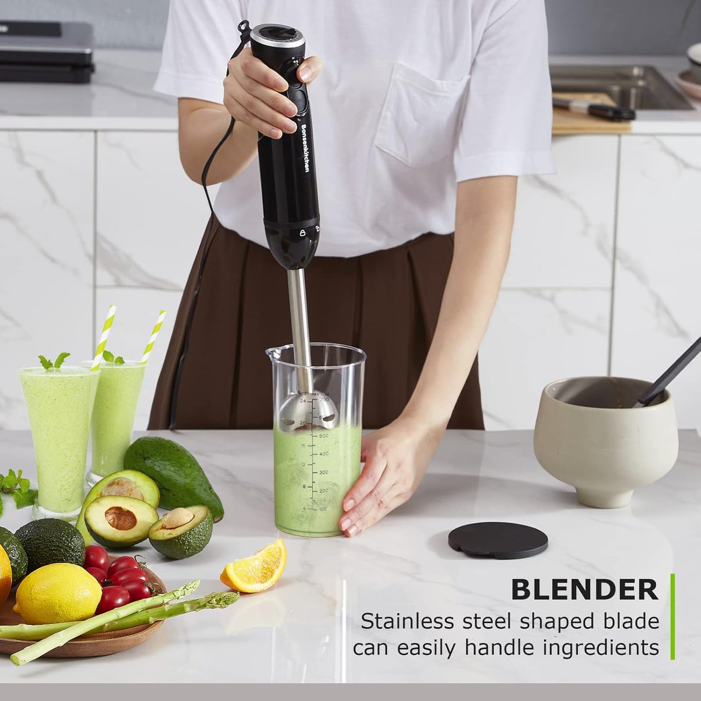 Bonsenkitchen 12-Speed Immersion Hand Blender with Stainless Steel Blade