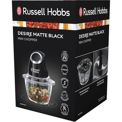 Russell Hobbs Desire Mini Chopper – Matte Black 1L Glass Bowl, 200W Power