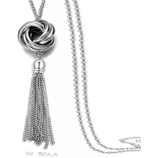 Elegant Long Tassel Necklace, Silver Knot Pendant with Three Circle Snake Chain