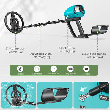 HIUYRFS Waterproof Rechargeable Metal Detector for Gold, Coins, Adjustable, All Ages