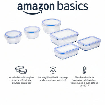 Amazon Basics Clear Glass Food Storage Set with Blue Lids